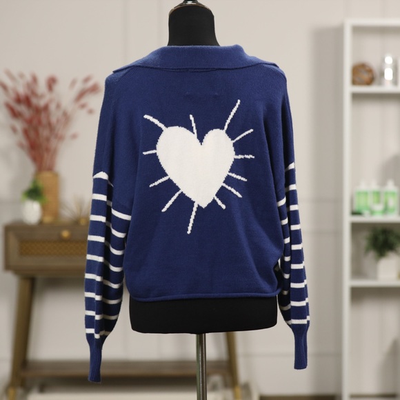 Kerri Rosenthal Sweaters - Kerri Rosenthal XO Women's V-Neck Heart Sweater in Blue and White Stripes- NWT